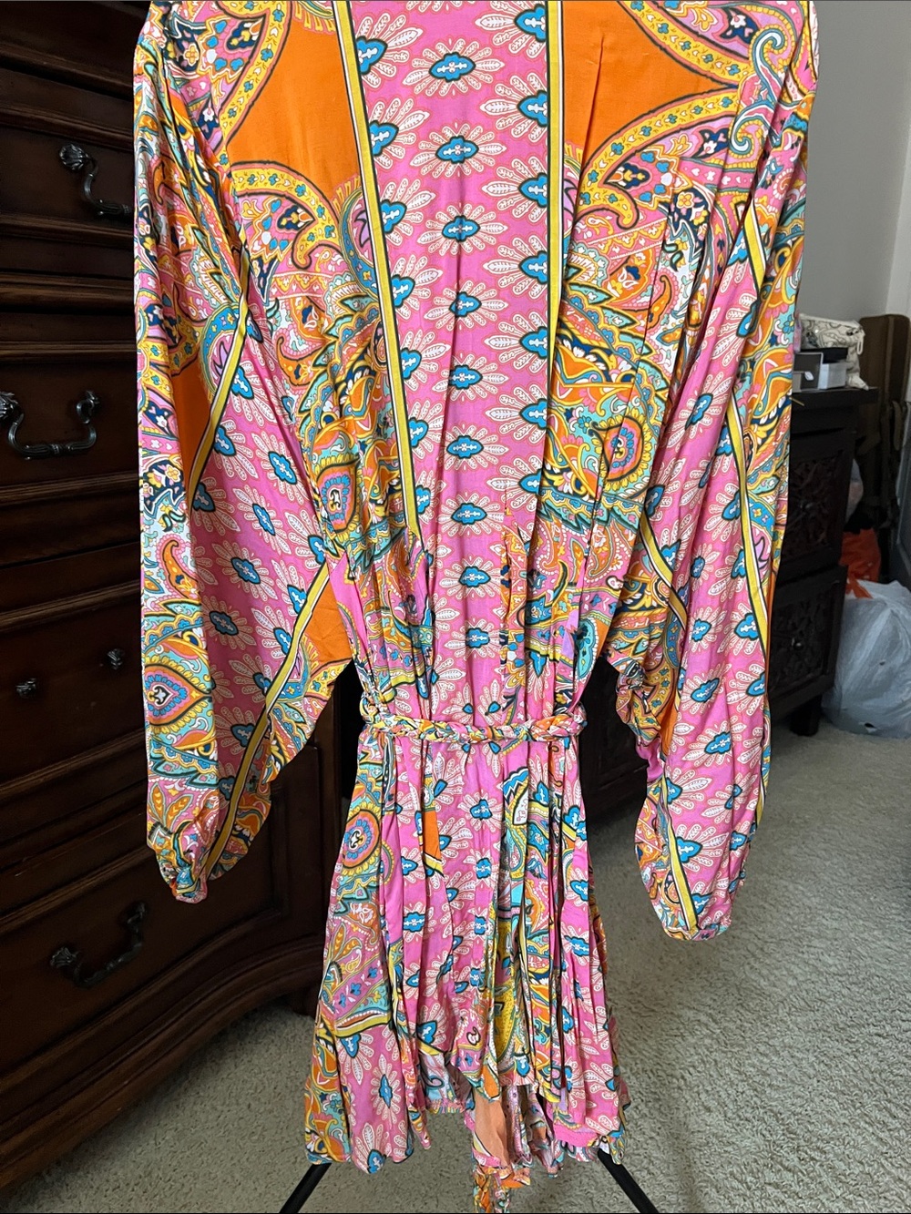 Vibrant Pink & Orange Paisley Wrap Dress